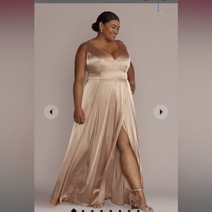 GALINA SIGNATURE charmeuse tank v-neck bridesmaid dress with slit, SAND, size 20